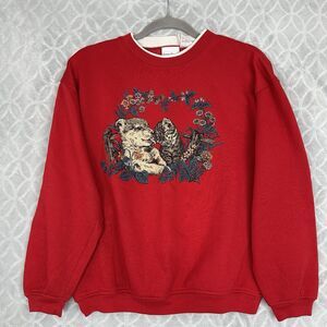 Vtg 90s Puppy Kitten Crewneck Sweatshirt Womens Small Red Dog Cat Granny Novelty